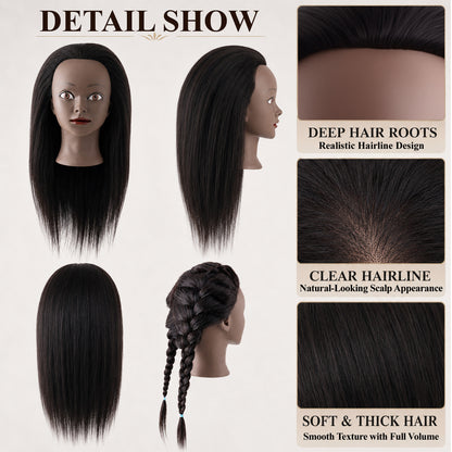 Agesis 21" Mannequin Head with Real Hair, Cosmetology Hair Mannequin Training Head for Hair Styling, Braiding and Hairdressing Practice, Manikin Doll Head with Table Clamp Holder and Tools (Black)