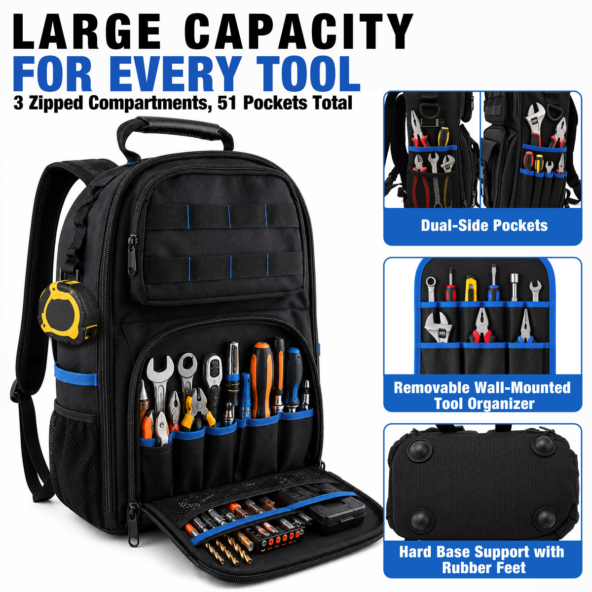 Agesis Tool Backpack with Molded Base, Heavy-Duty Tool Bag with Removable Tool Organizer, Padded Shoulder Straps, Water-Resistant Electrician Backpack for Home Repair & Contractors