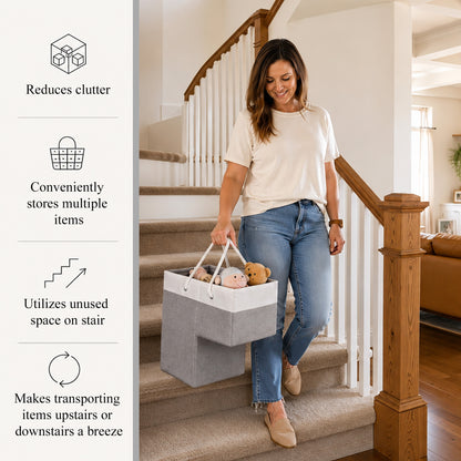 Agesis Stair Basket,Foldable Stair Storage Basket with Cotton Rope Handles 16" Step Staircase Basket for Wooden and Carpeted Stairs(Gray)