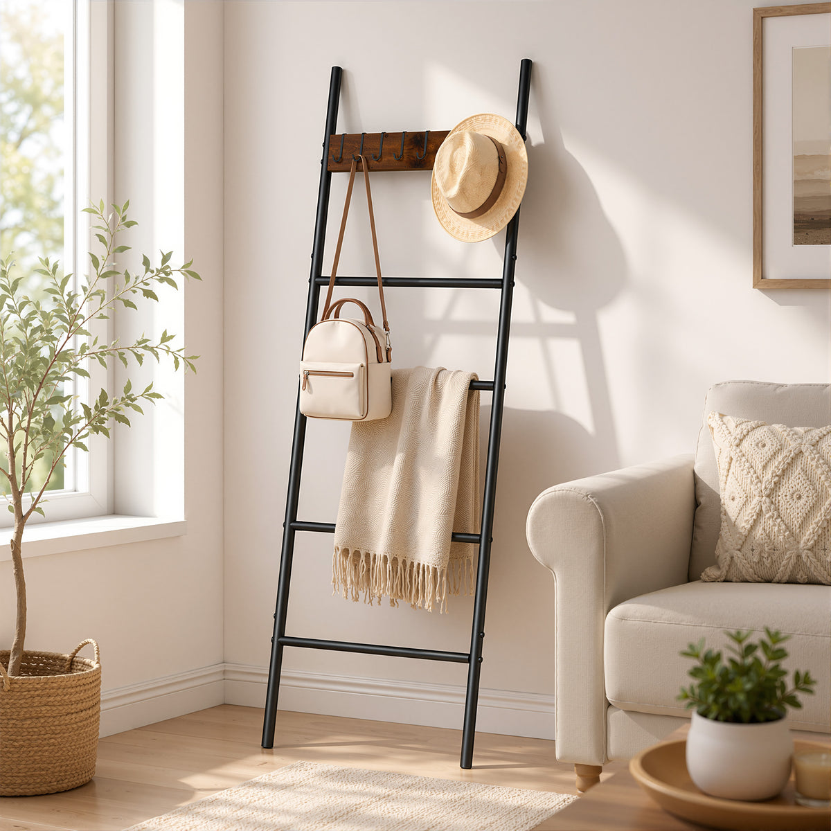 Agesis Blanket Ladder with 4 Removable Hooks,5-Tier Blanket Rack Decorative Stand Towel Quilt Rack Holder for Bathroom Living Room Decor Black