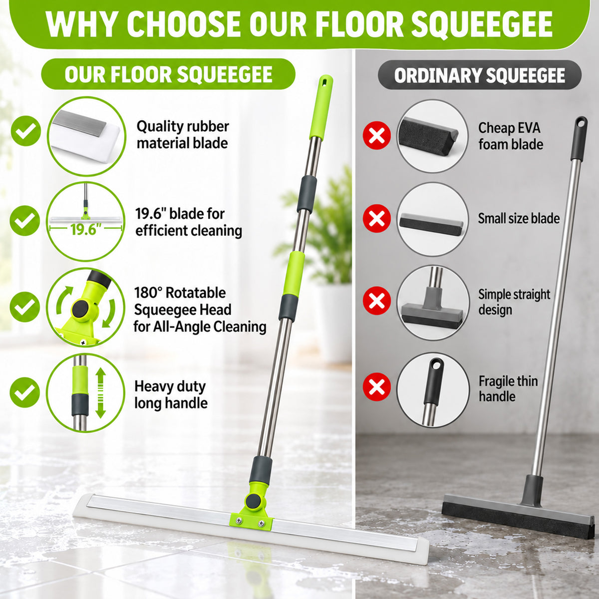 Agesis Floor Squeegee for Concrete Floor, 19.68" Large Heavy Duty Squeegee Broom with 51" Extendable Long Handle for Garage, Windows, Tile, Shower Glass