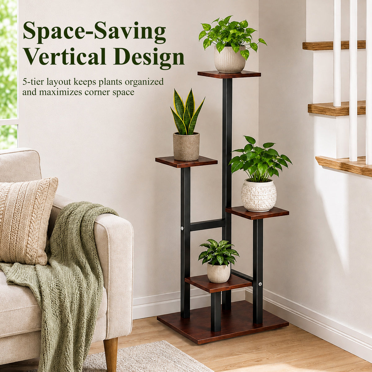 Agesis Plant Stand Indoor, 5 Tier Corner Plant Stand Tall Indoor Plant Shelf Organizer Rack for Living Room, Balcony, Patio & Garden Decor