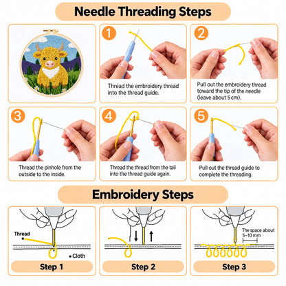 Agesis Punch Needle Kit, Diy Embroidery Craft Kit for Beginners & Adults, Highland Cow Design with Hoop, Pre-Printed Fabric, Farmhouse Decor Gift