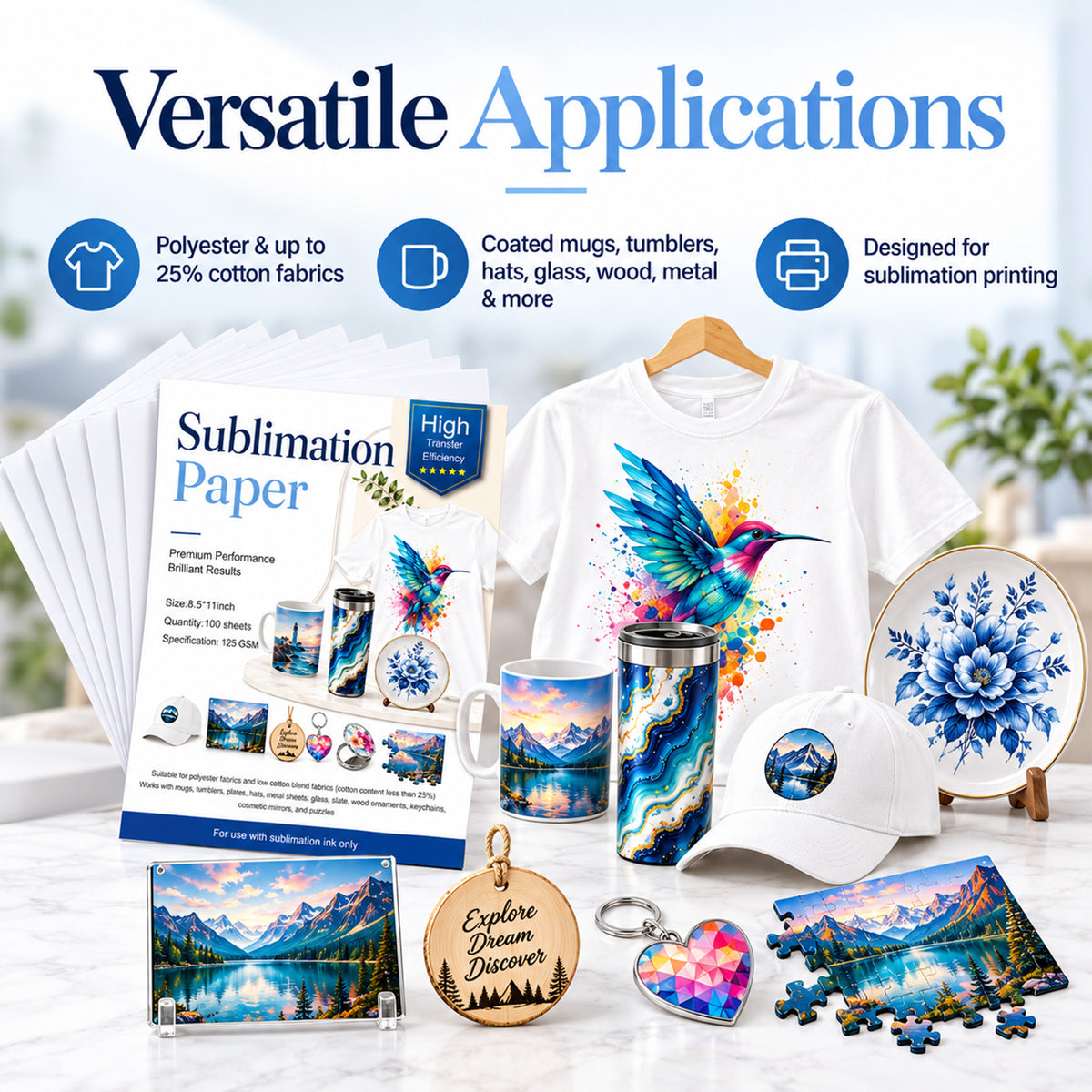 Agesis Sublimation Paper 8.5 x 11 inch, 100 Sheets 125gsm sublimation transfer paper for T-Shirts, Tumblers and Mugs, Compatible with Sublimation Ink and Inkjet Printers