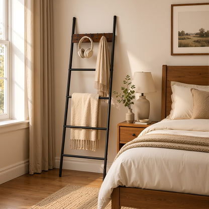 Agesis Blanket Ladder with 4 Removable Hooks,5-Tier Blanket Rack Decorative Stand Towel Quilt Rack Holder for Bathroom Living Room Decor Black