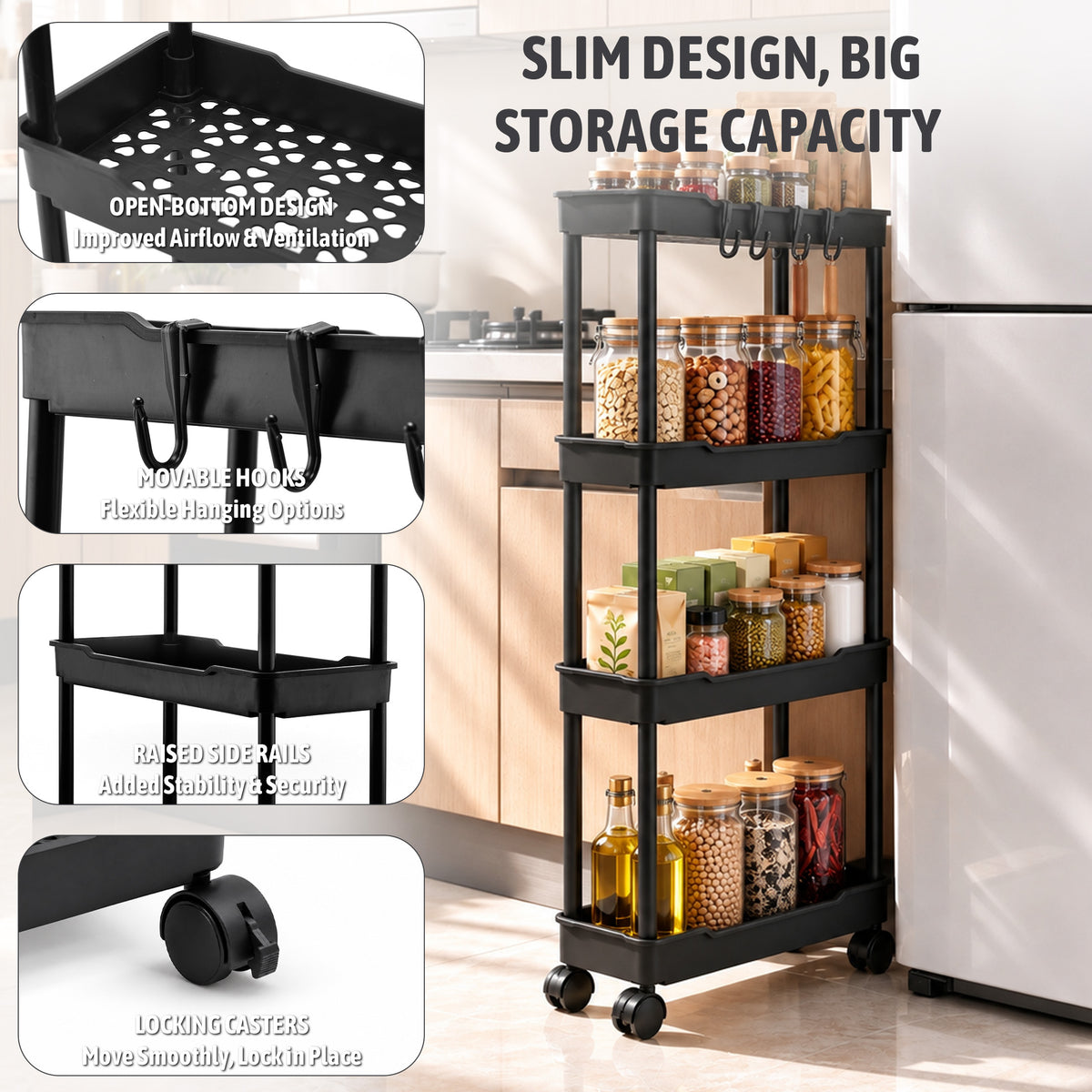 Agesis Slim Storage Cart with Wheels, 4 Tier Slim Rolling Storage Cart, Utility Bathroom Cart for Kitchen Bathroom Laundry Narrow Space, Black