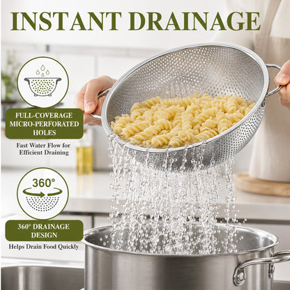 Agesis Stainless Steel Colander Set of 3, 1-3-5 Quart Micro-Perforated Metal Strainers with Handles for Pasta, Vegetables, Fruits and Rice