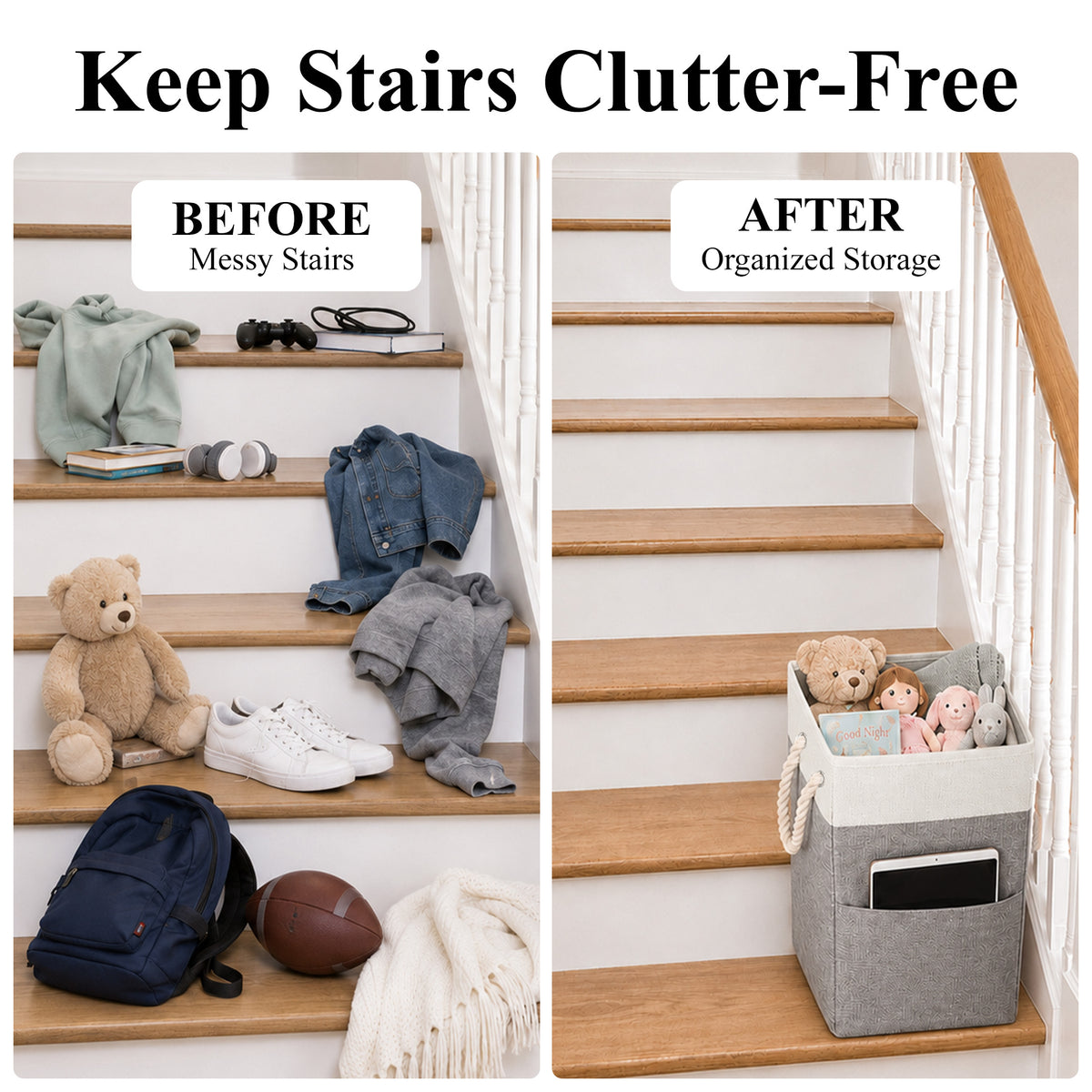 Agesis Stair Basket,Foldable Stair Storage Basket with Cotton Rope Handles 16" Step Staircase Basket for Wooden and Carpeted Stairs(Gray)