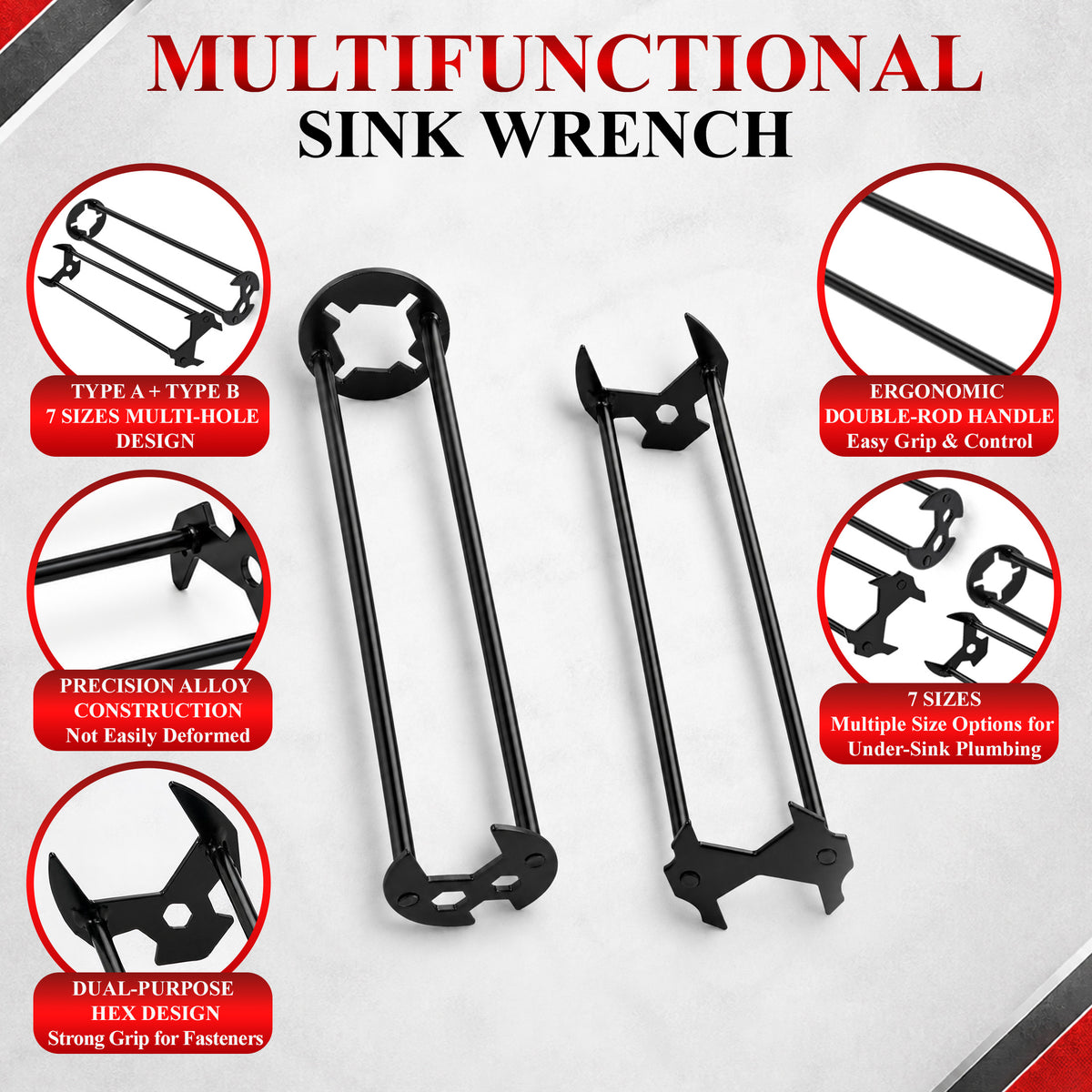 Agesis Basin Wrench Set, 2 Four-Jaw Hex Wrenches with 14-in-1 Faucet Installer Tool, Plumbing Tool Kit for Tight Spaces, Kitchen Bathroom Toilet