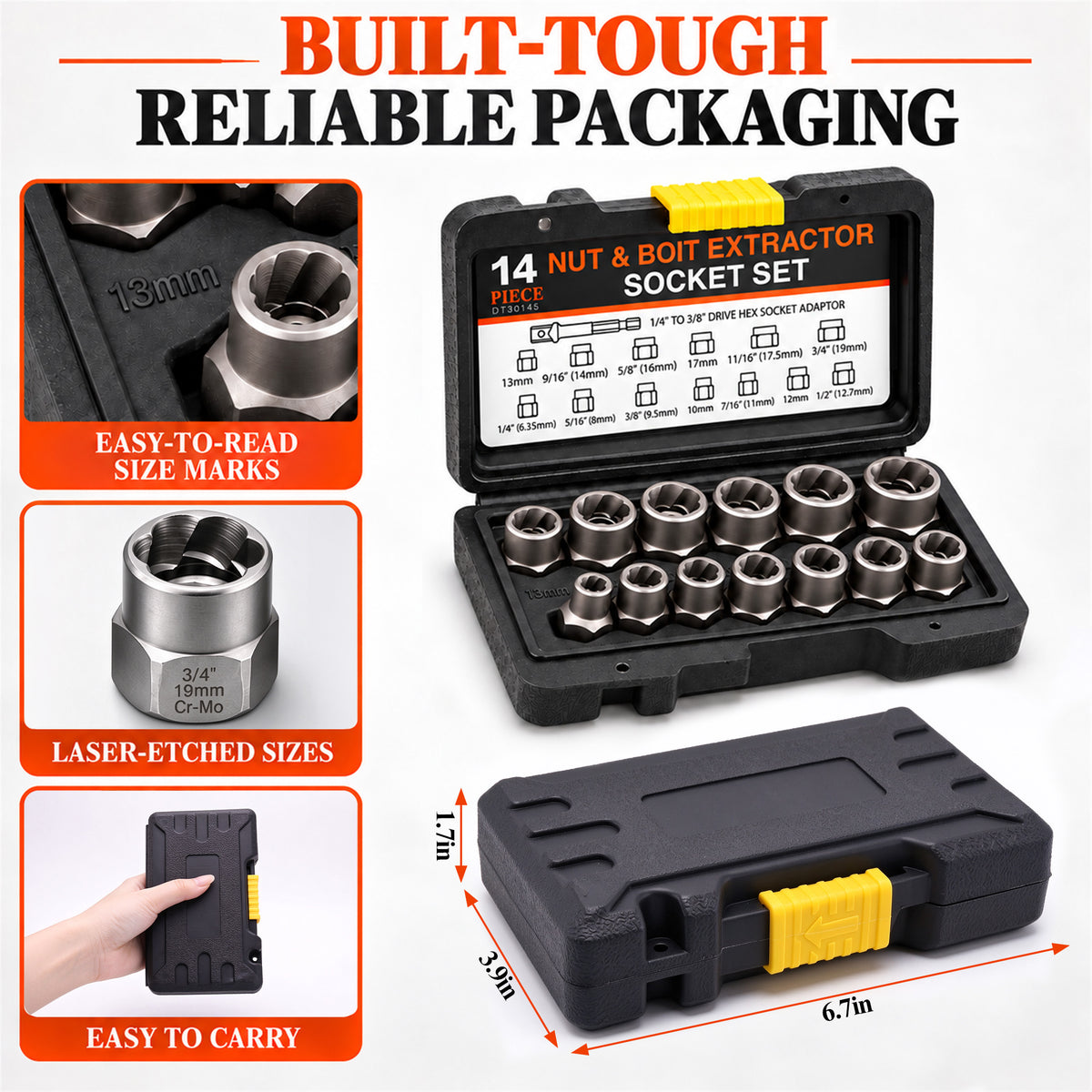 Agesis Bolt Extractor Kit, 14-Piece Bolt Remover Set with 3/8" Adapter and Storage Case, Easily Removes Damaged, Broken & Rounded Bolts and Nuts