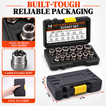 Agesis Bolt Extractor Kit, 14-Piece Bolt Remover Set with 3/8" Adapter and Storage Case, Easily Removes Damaged, Broken & Rounded Bolts and Nuts