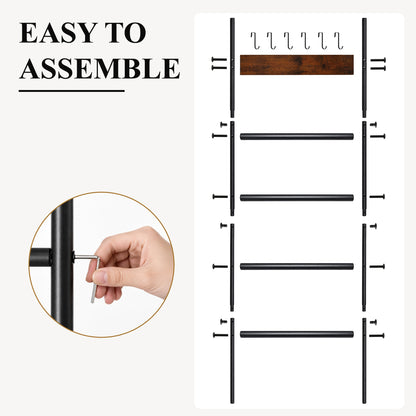 Agesis Blanket Ladder with 4 Removable Hooks,5-Tier Blanket Rack Decorative Stand Towel Quilt Rack Holder for Bathroom Living Room Decor Black