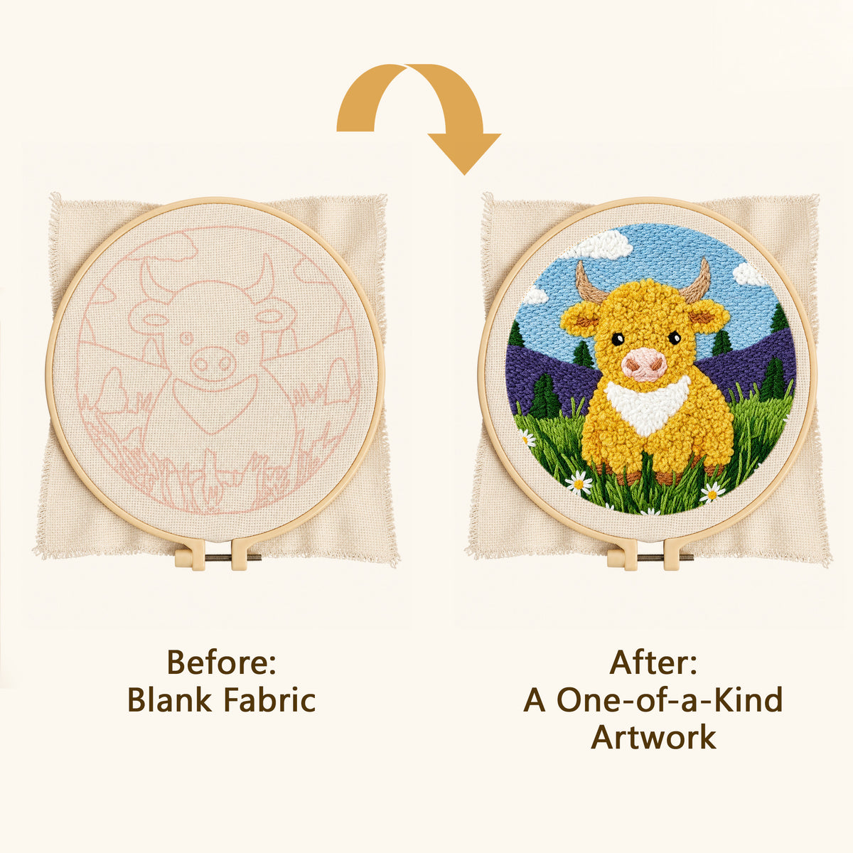 Agesis Punch Needle Kit, Diy Embroidery Craft Kit for Beginners & Adults, Highland Cow Design with Hoop, Pre-Printed Fabric, Farmhouse Decor Gift