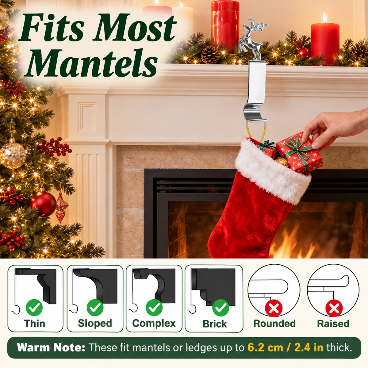 Agesis Christmas Stocking Holders for Mantle, Set of 6, Sturdy Metal Stocking Hangers for Mantel, Cute Lightweight Silver Xmas Mantle Hooks for Fireplace Window Counter