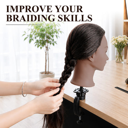 Agesis 21" Mannequin Head with Real Hair, Cosmetology Hair Mannequin Training Head for Hair Styling, Braiding and Hairdressing Practice, Manikin Doll Head with Table Clamp Holder and Tools (Black)