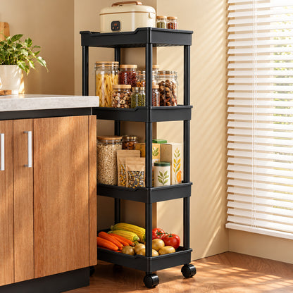 Agesis Slim Storage Cart with Wheels, 4 Tier Slim Rolling Storage Cart, Utility Bathroom Cart for Kitchen Bathroom Laundry Narrow Space, Black