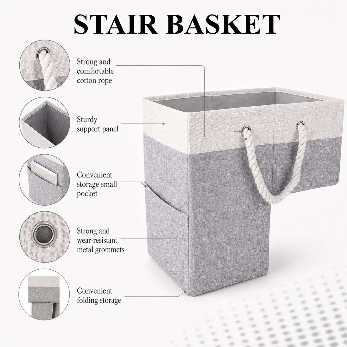 Agesis Stair Basket,Foldable Stair Storage Basket with Cotton Rope Handles 16" Step Staircase Basket for Wooden and Carpeted Stairs(Gray)