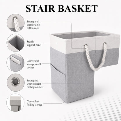 Agesis Stair Basket,Foldable Stair Storage Basket with Cotton Rope Handles 16" Step Staircase Basket for Wooden and Carpeted Stairs(Gray)