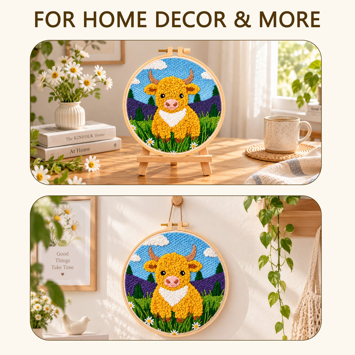 Agesis Punch Needle Kit, Diy Embroidery Craft Kit for Beginners & Adults, Highland Cow Design with Hoop, Pre-Printed Fabric, Farmhouse Decor Gift