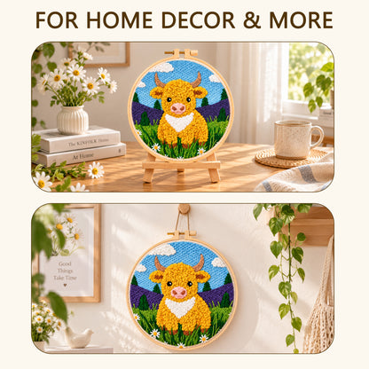 Agesis Punch Needle Kit, Diy Embroidery Craft Kit for Beginners & Adults, Highland Cow Design with Hoop, Pre-Printed Fabric, Farmhouse Decor Gift