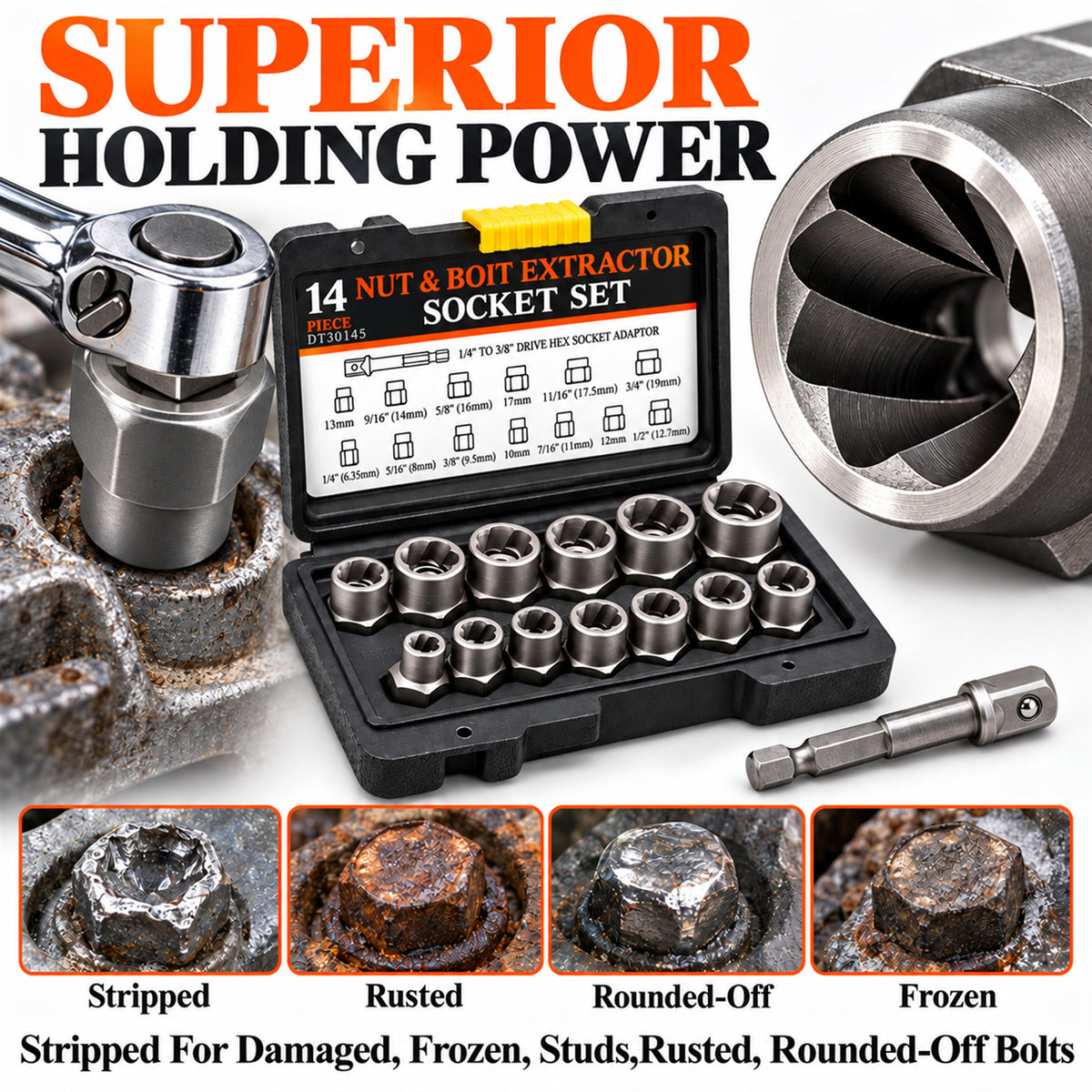 Agesis Bolt Extractor Kit, 14-Piece Bolt Remover Set with 3/8" Adapter and Storage Case, Easily Removes Damaged, Broken & Rounded Bolts and Nuts