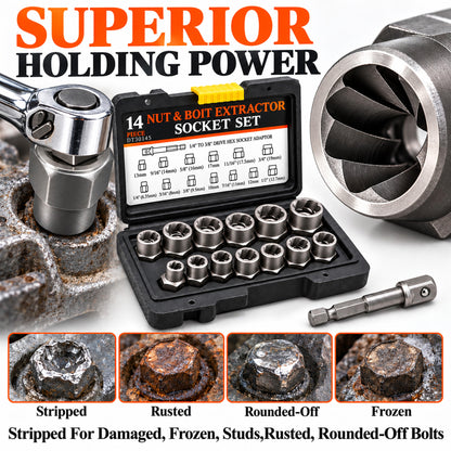 Agesis Bolt Extractor Kit, 14-Piece Bolt Remover Set with 3/8" Adapter and Storage Case, Easily Removes Damaged, Broken & Rounded Bolts and Nuts