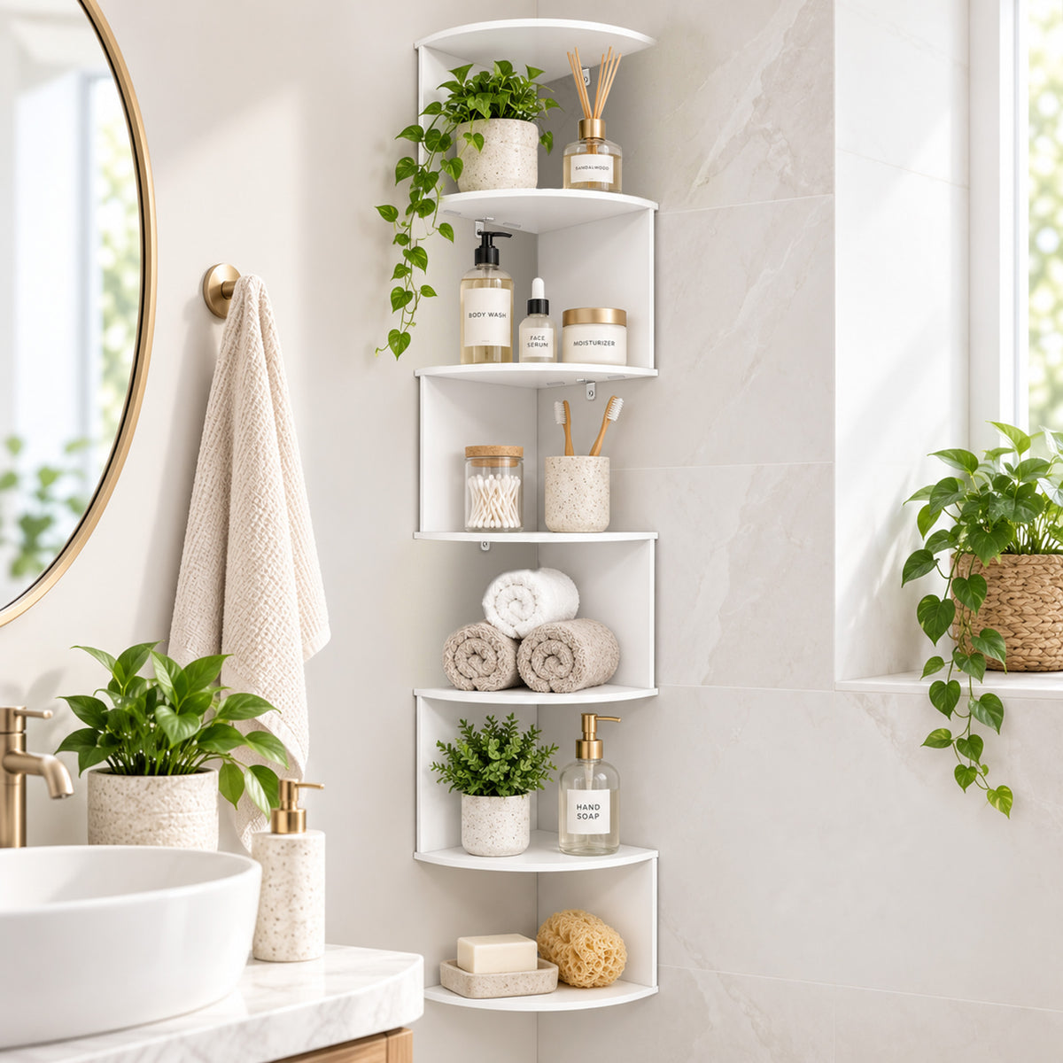 Agesis Corner Shelf Wall Mounted, 7 Tier Floating Shelves for Wall, Corner Storage Display for Bedroom, Living Room, Bathroom (White)