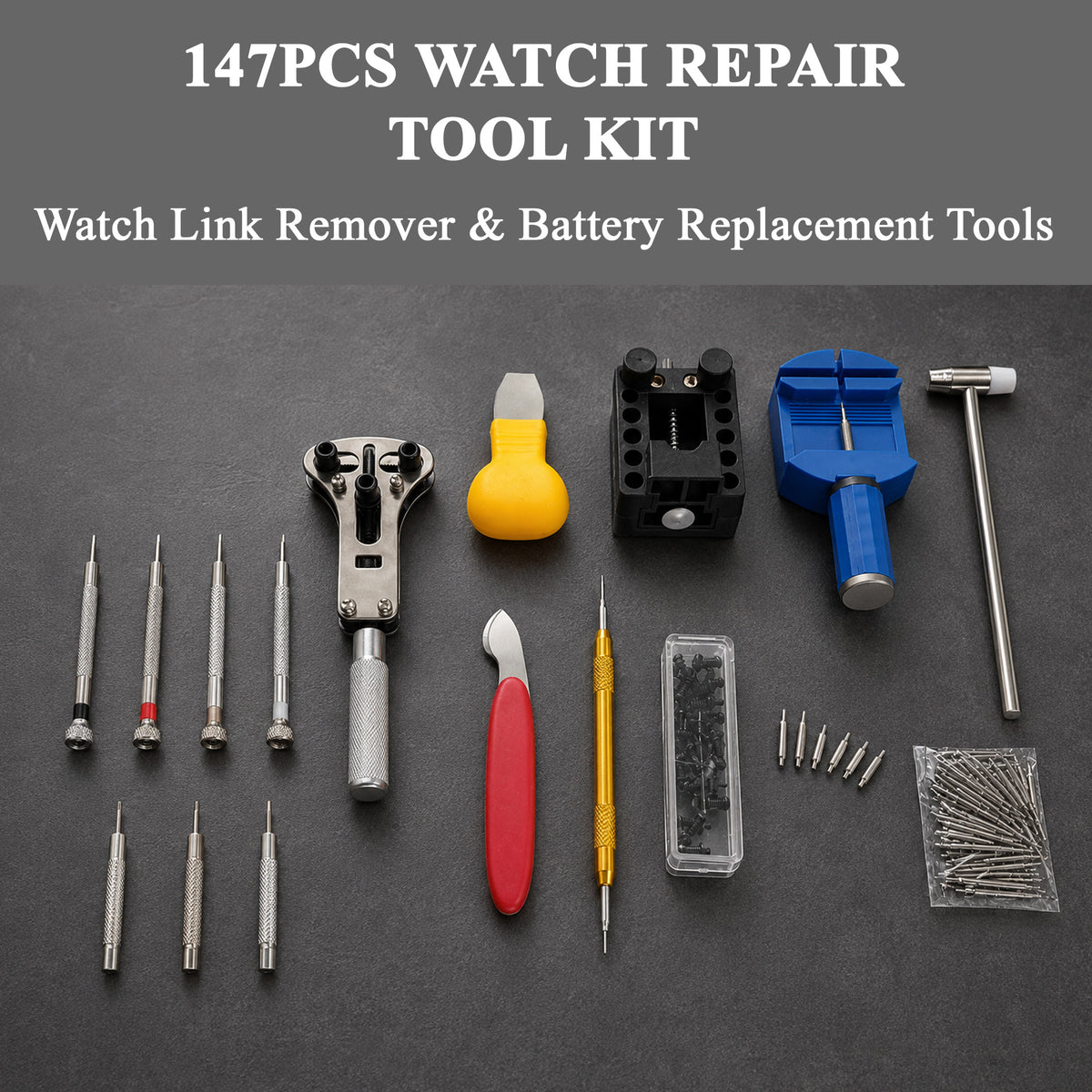 Agesis Watch Repair Kit, 147PCS Watch Link Removal Kit with Watch Band Adjustment Tool, Spring Bar Tool, Watch Case Opener for Battery Replacement and Strap Resizing
