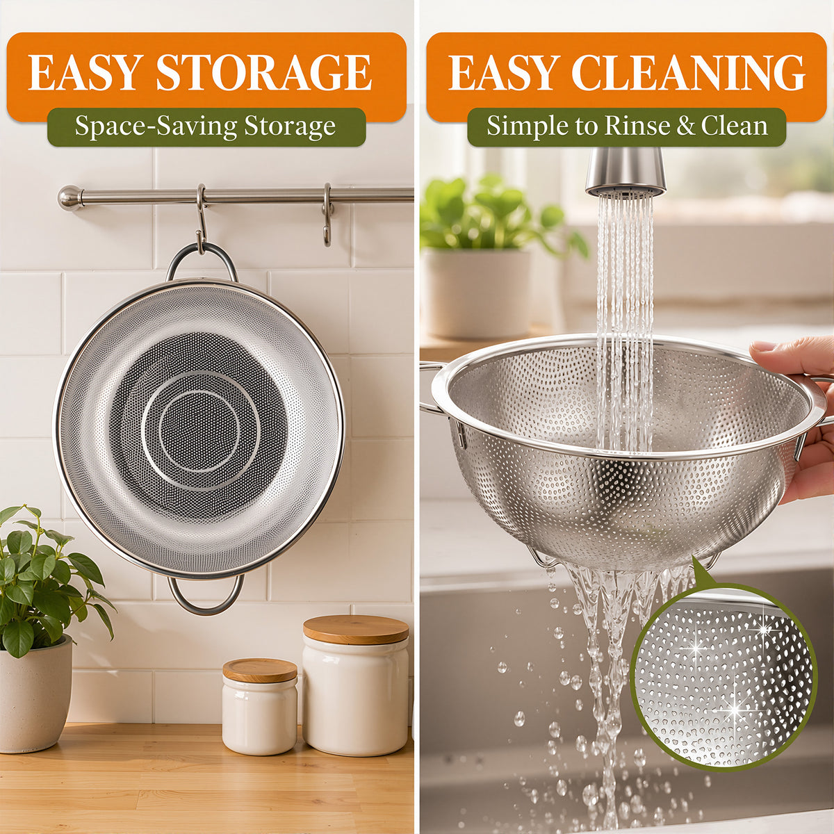 Agesis Stainless Steel Colander Set of 3, 1-3-5 Quart Micro-Perforated Metal Strainers with Handles for Pasta, Vegetables, Fruits and Rice