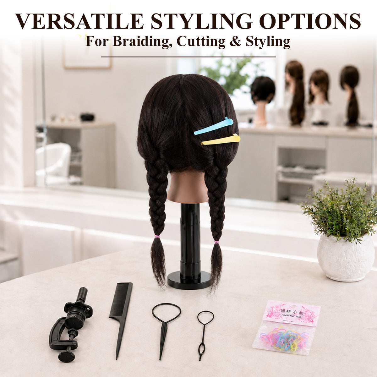 Agesis 21" Mannequin Head with Real Hair, Cosmetology Hair Mannequin Training Head for Hair Styling, Braiding and Hairdressing Practice, Manikin Doll Head with Table Clamp Holder and Tools (Black)