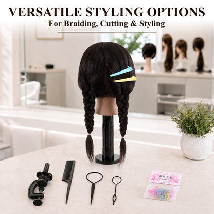 Agesis 21" Mannequin Head with Real Hair, Cosmetology Hair Mannequin Training Head for Hair Styling, Braiding and Hairdressing Practice, Manikin Doll Head with Table Clamp Holder and Tools (Black)