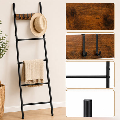 Agesis Blanket Ladder with 4 Removable Hooks,5-Tier Blanket Rack Decorative Stand Towel Quilt Rack Holder for Bathroom Living Room Decor Black