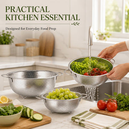 Agesis Stainless Steel Colander Set of 3, 1-3-5 Quart Micro-Perforated Metal Strainers with Handles for Pasta, Vegetables, Fruits and Rice