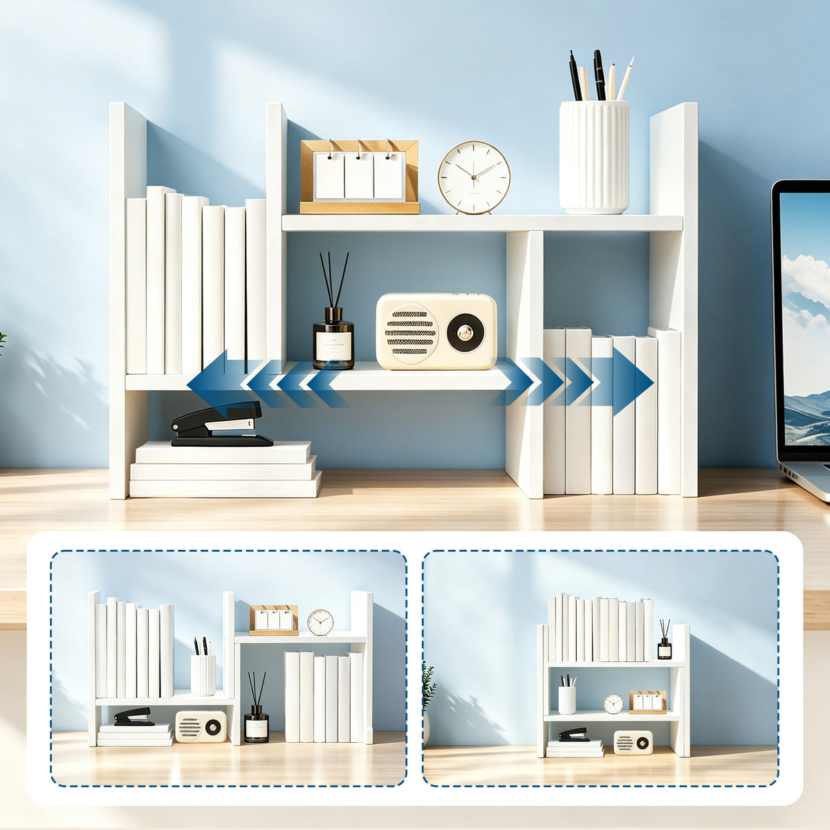 Agesis Desktop Shelf Organizer, Adjustable Wood 2-Tier Storage Rack with Bookshelf Design for Home Office, Study and Workspace, White