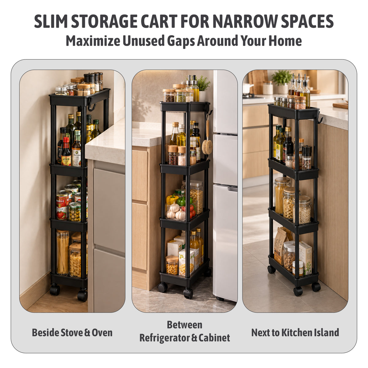Agesis Slim Storage Cart with Wheels, 4 Tier Slim Rolling Storage Cart, Utility Bathroom Cart for Kitchen Bathroom Laundry Narrow Space, Black