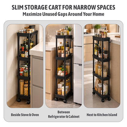 Agesis Slim Storage Cart with Wheels, 4 Tier Slim Rolling Storage Cart, Utility Bathroom Cart for Kitchen Bathroom Laundry Narrow Space, Black