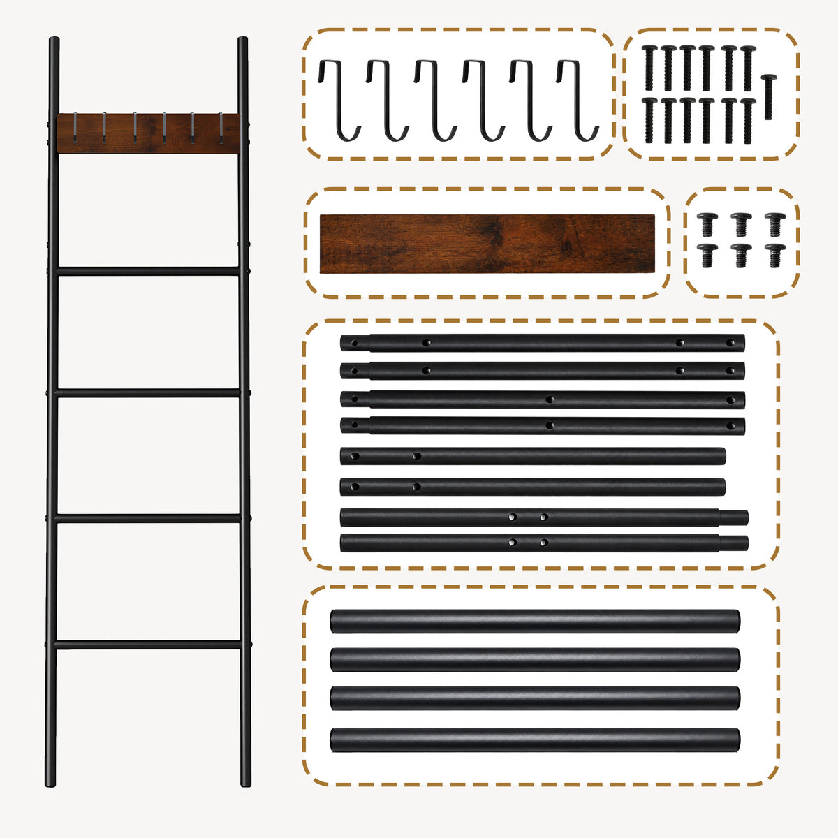 Agesis Blanket Ladder with 4 Removable Hooks,5-Tier Blanket Rack Decorative Stand Towel Quilt Rack Holder for Bathroom Living Room Decor Black