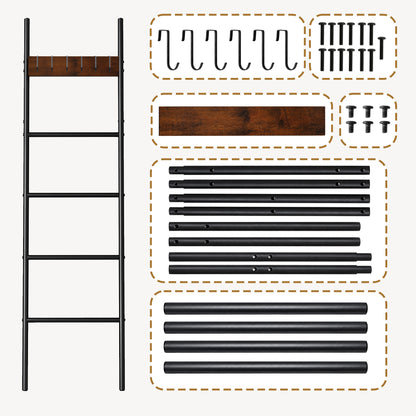 Agesis Blanket Ladder with 4 Removable Hooks,5-Tier Blanket Rack Decorative Stand Towel Quilt Rack Holder for Bathroom Living Room Decor Black