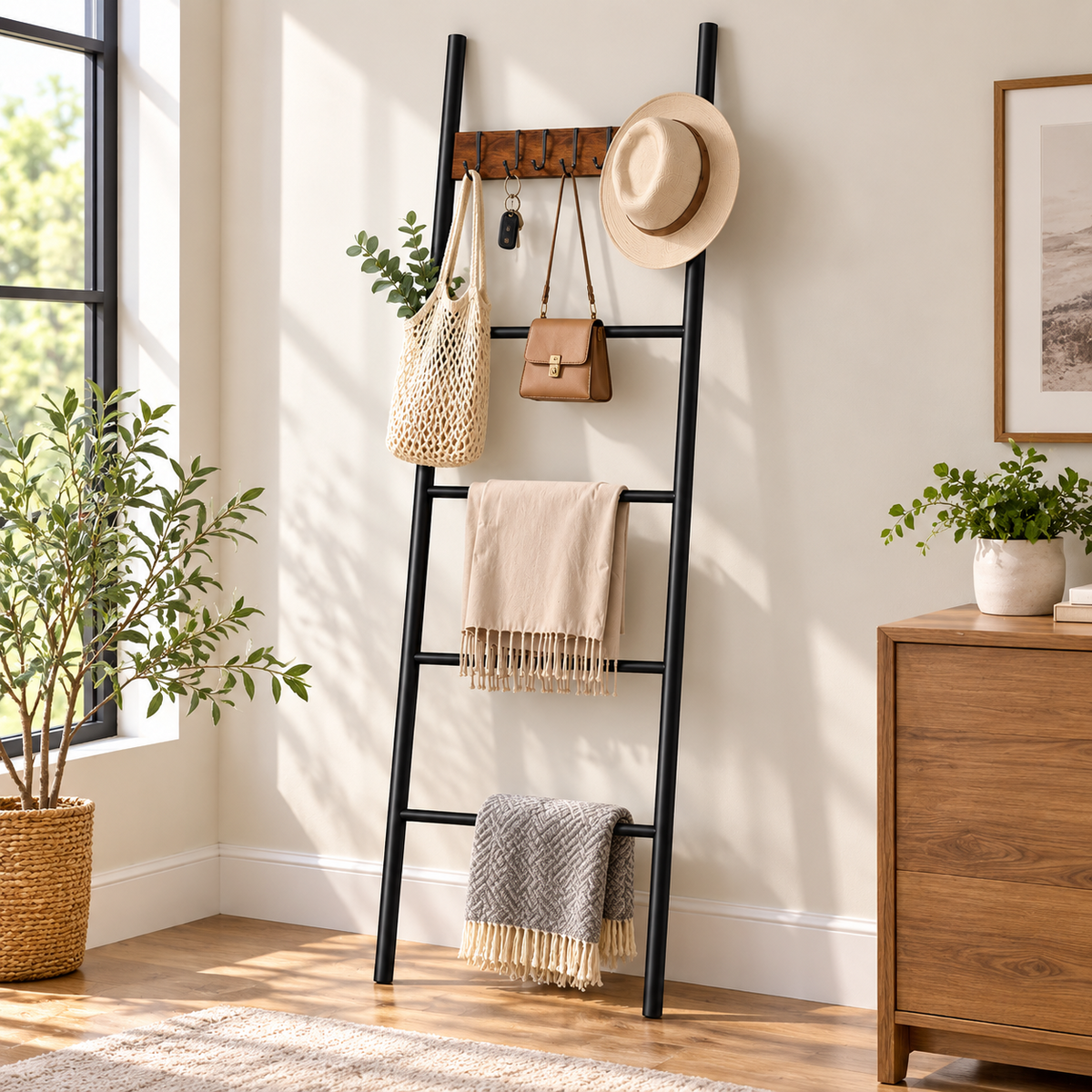 Agesis Blanket Ladder with 4 Removable Hooks,5-Tier Blanket Rack Decorative Stand Towel Quilt Rack Holder for Bathroom Living Room Decor Black