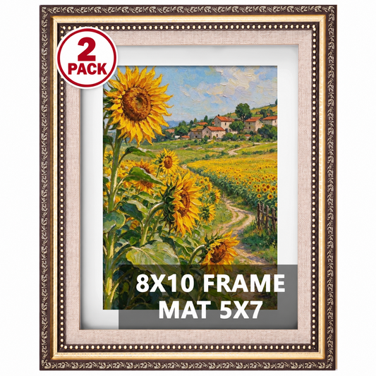 Agesis 8x10 Vintage Picture Frames 2 Pack, Gold Ornate Photo Frame with Clear Acrylic Cover, Fits 5x7 with Mat or 8x10 without Mat, Tabletop & Wall Decor